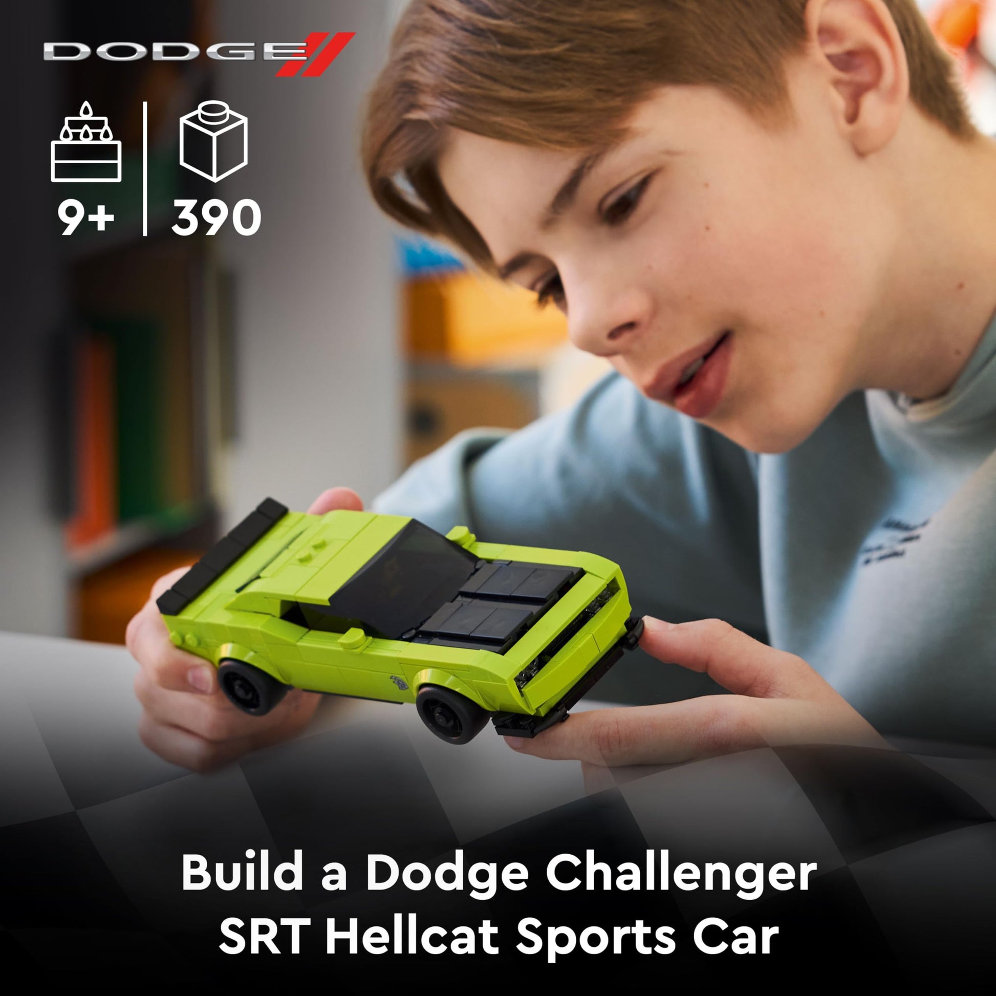LEGO Speed Champions Dodge Challenger SRT Hellcat model kit with driver minifigure, designed for kids 9 and older.