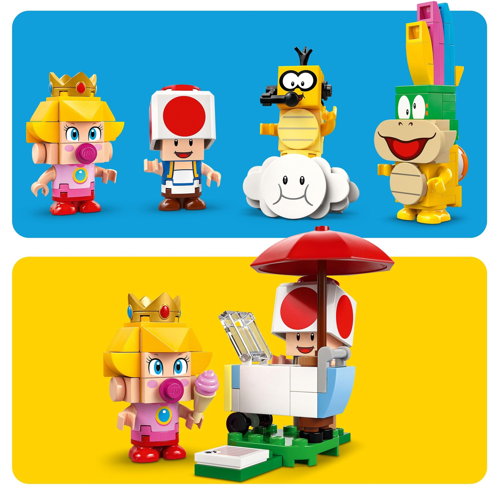 LEGO Super Mario Baby Peach & Grand Prix building toy set with four Nintendo character figures, vehicles, and accessories.
