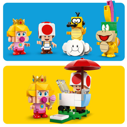LEGO Super Mario Baby Peach & Grand Prix building toy set with four Nintendo character figures, vehicles, and accessories.