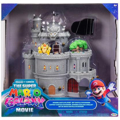 Super Mario Galaxy Movie Bowser Castle playset by Jakks Pacific with mini figure, accessories, and three play levels.