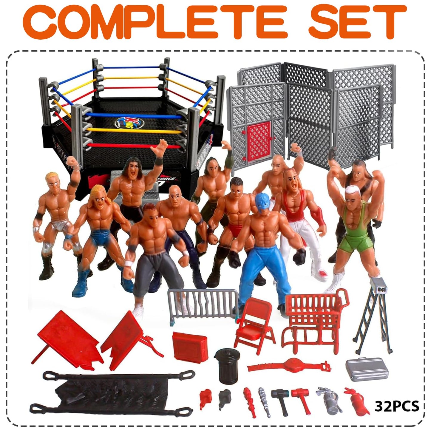 MyrkalaToy 32 Pieces Wrestling Toys Set - 12 Mini Wrestlers Action Figures With 20 Realistic Accessories - Gifts for Boys and Girls