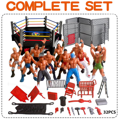MyrkalaToy 32 Pieces Wrestling Toys Set - 12 Mini Wrestlers Action Figures With 20 Realistic Accessories - Gifts for Boys and Girls