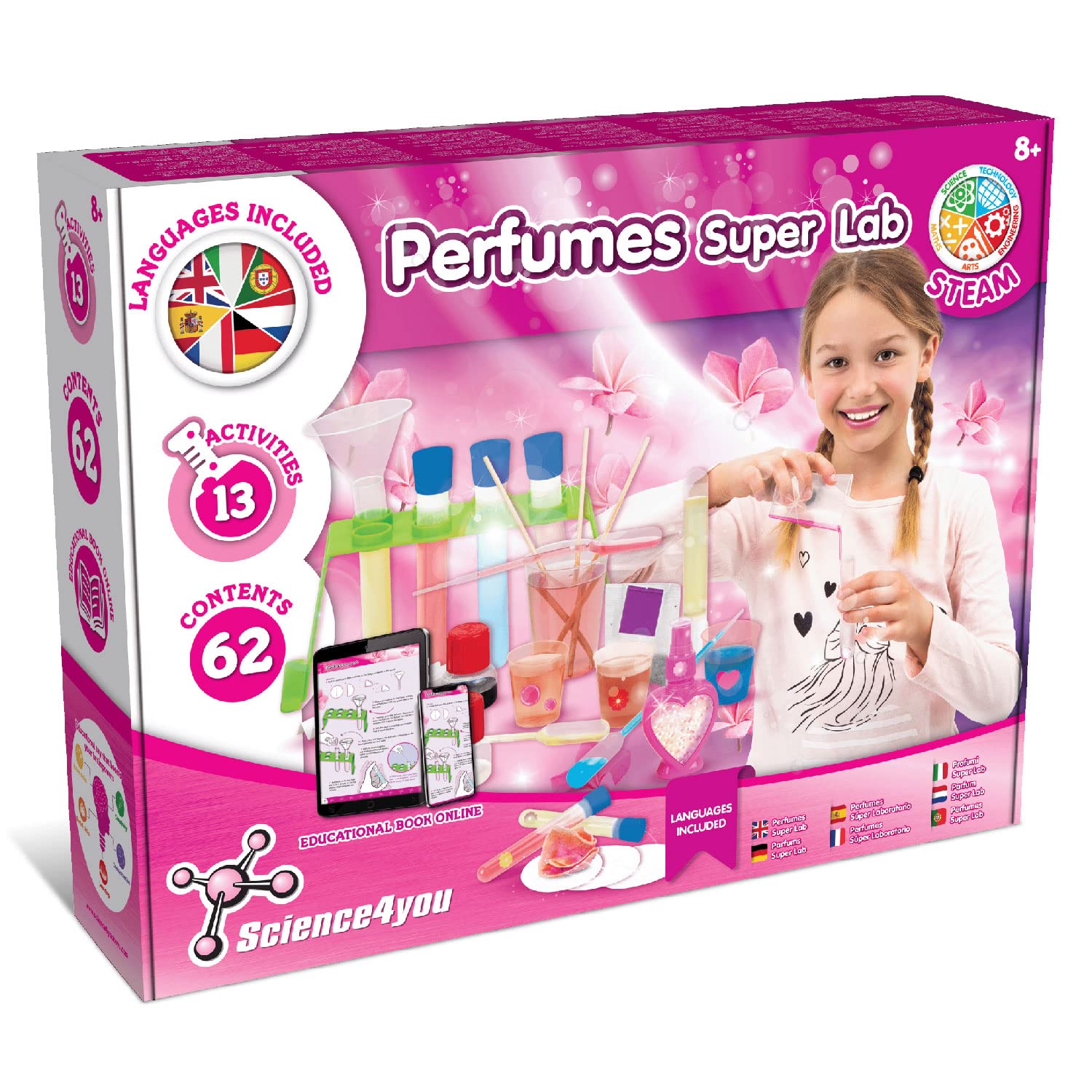 Science4you Perfume Super Lab kit for kids, includes 13 creative activities for making perfumes and scientific exploration.