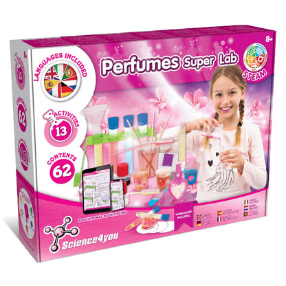 Science4you Perfume Super Lab kit for kids, includes 13 creative activities for making perfumes and scientific exploration.