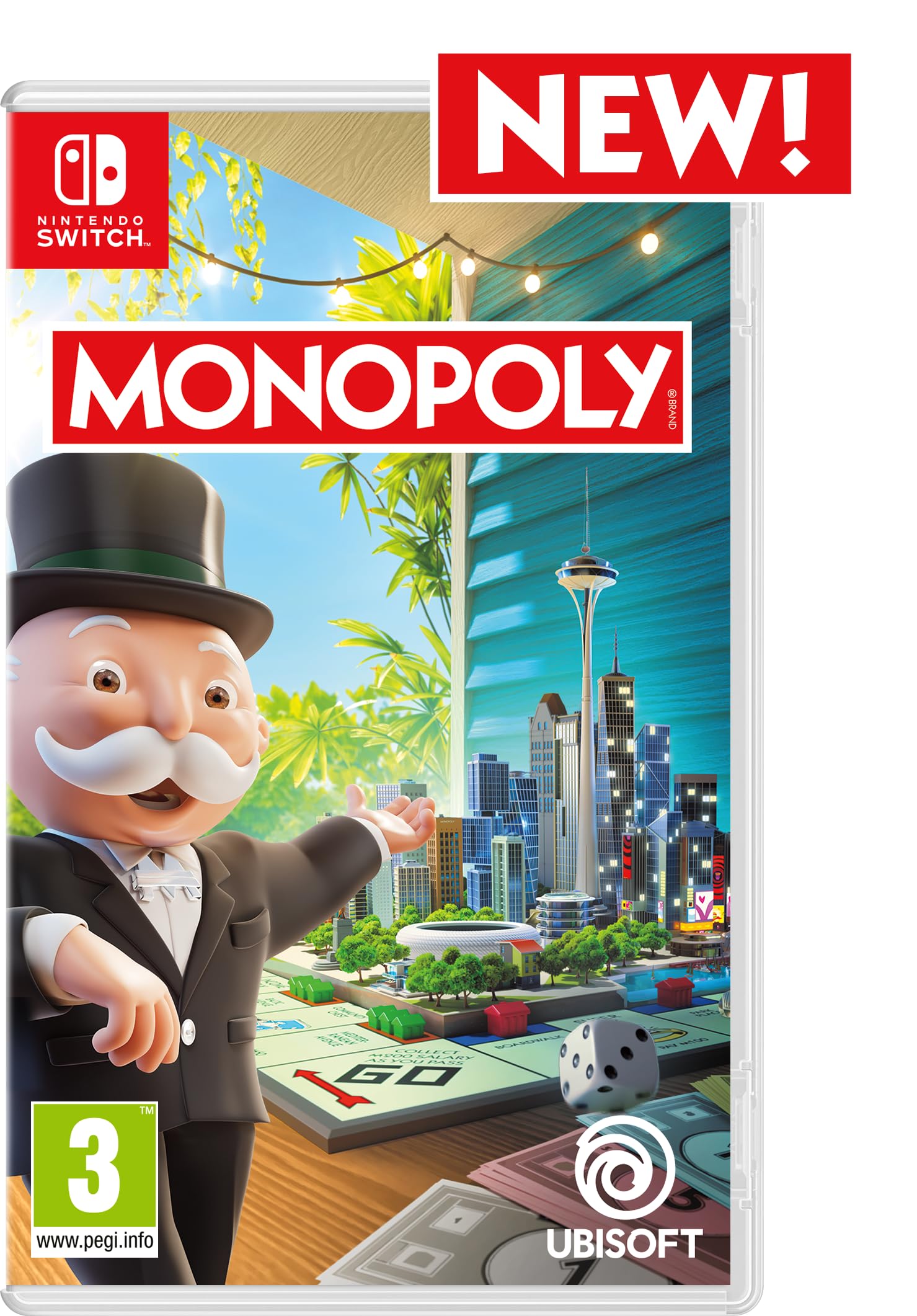 Nintendo Switch Monopoly 2024 game by Ubisoft, featuring colorful game board and playing pieces in a vibrant display.