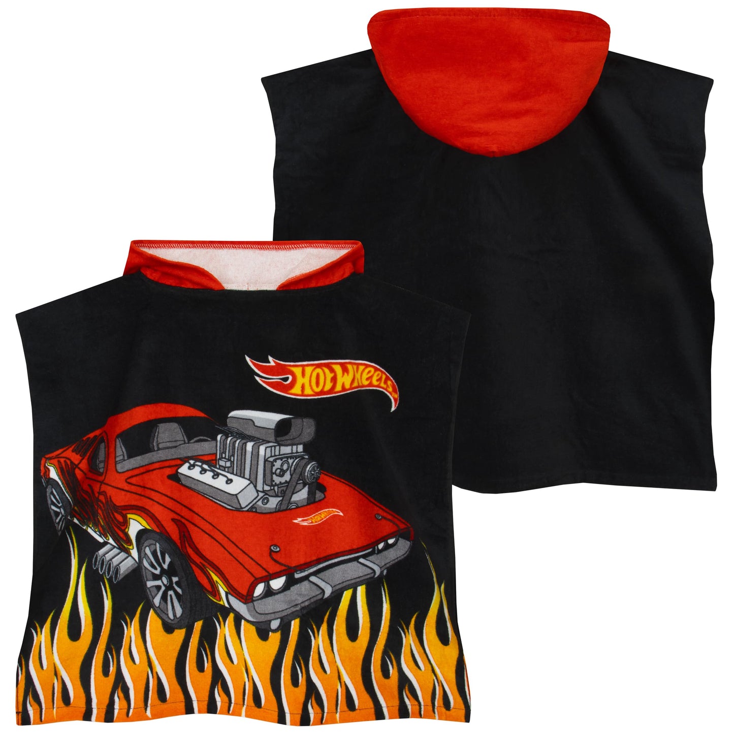 Hot Wheels Towel Poncho, Car Hooded Towel For Kids, Boys Beach Towels And Swimming Towels, One Size, Black
