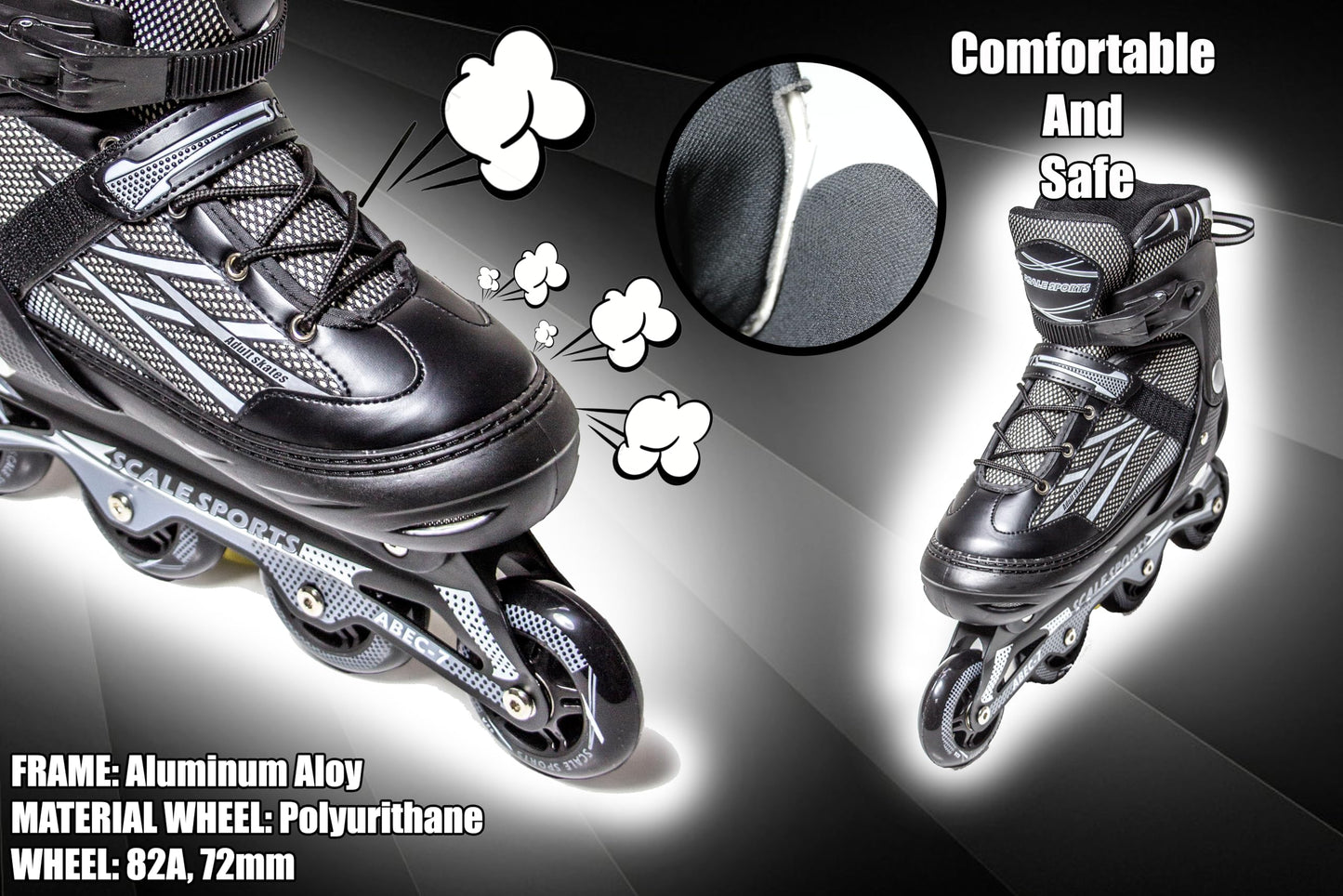Scale Sports adjustable inline roller skates for adults and teens, black with size XL (41-44 UK 7.5-9.5) in a close-up shot.