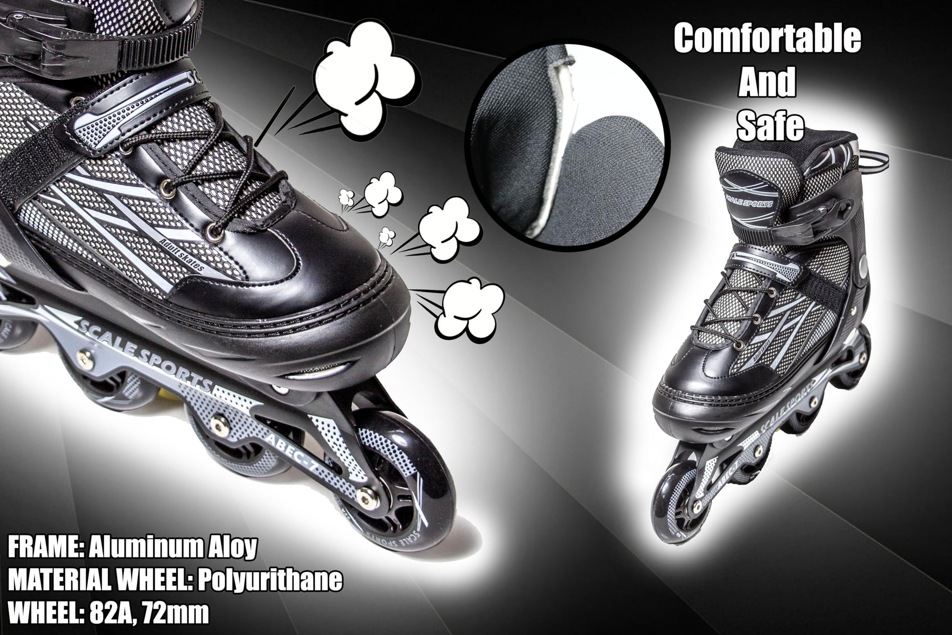 Scale Sports adjustable inline roller skates for adults and teens, black with size XL (41-44 UK 7.5-9.5) in a close-up shot.