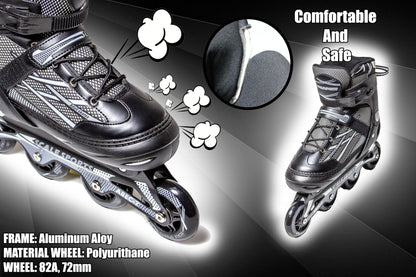 Scale Sports adjustable inline roller skates for adults and teens, black with size XL (41-44 UK 7.5-9.5) in a close-up shot.
