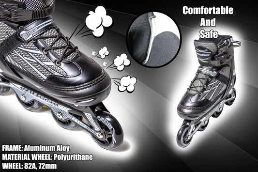 Scale Sports adjustable inline roller skates for adults and teens, black with size XL (41-44 UK 7.5-9.5) in a close-up shot.