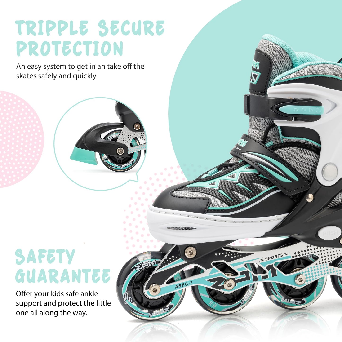 2pm Sports mint adjustable inline skates for boys and girls, stylish beginner roller skates with a sleek design and secure fit.