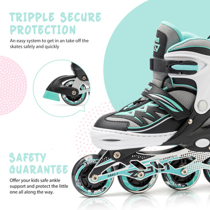 2pm Sports mint adjustable inline skates for boys and girls, stylish beginner roller skates with a sleek design and secure fit.