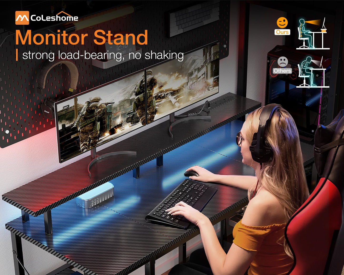 Coleshome Gaming Desk with LED Lights, 120x50 cm Computer desk with Power Outlets, Gaming PC Table with Monitor Stand, Storage Shelves, CPU Stand, Carbon Fiber Black
