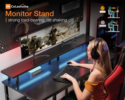 Coleshome Gaming Desk with LED Lights, 120x50 cm Computer desk with Power Outlets, Gaming PC Table with Monitor Stand, Storage Shelves, CPU Stand, Carbon Fiber Black