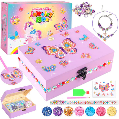 PinkSheep Wooden DIY Jewellery Box for Girl 6-12, Arts and Crafts Kits with Necklace Bracelet, Diamond Tape, Ddiamond Painting Box, DIY Pirate Treasure Chest Set for Kids (Purple Butterfly)