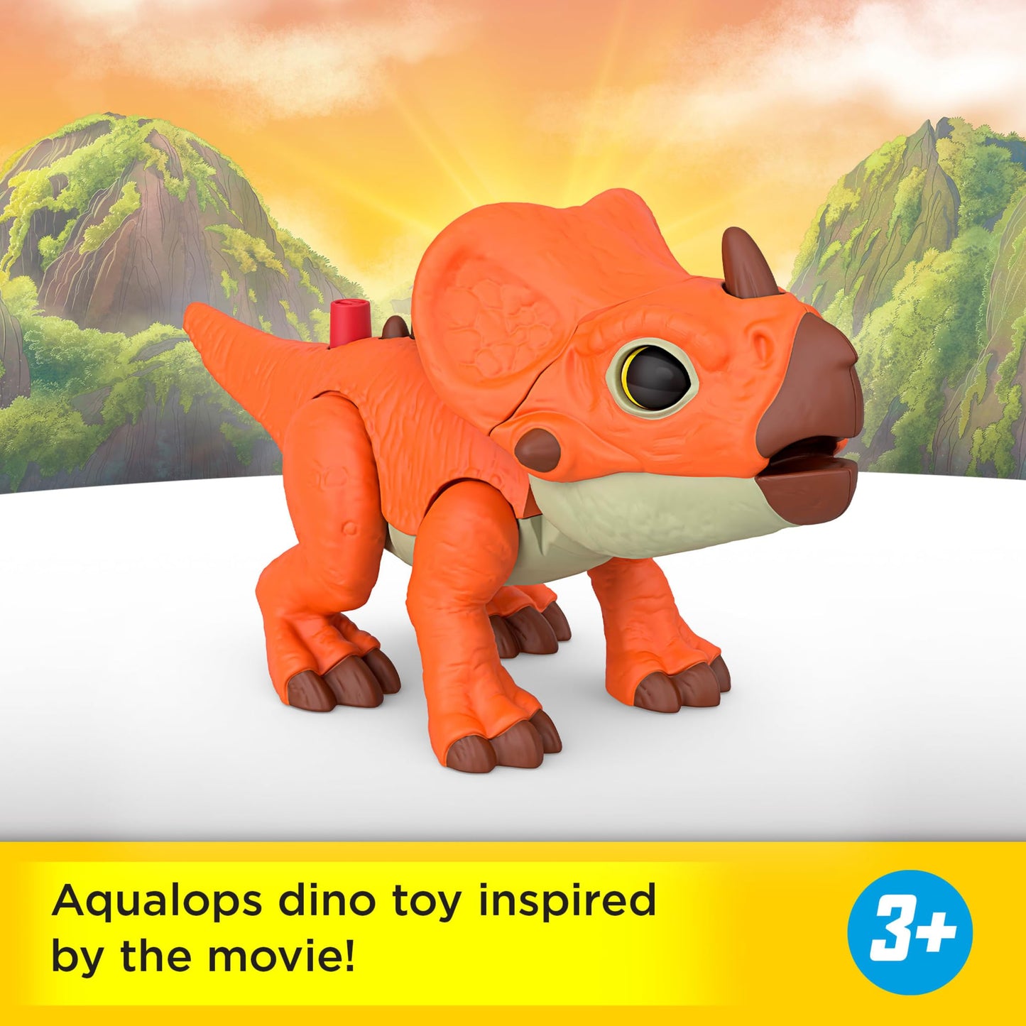 Fisher-Price Imaginext Jurassic World Aquilops dinosaur action figure with moving spikes and kid-activated features, 7.75-inch toy.