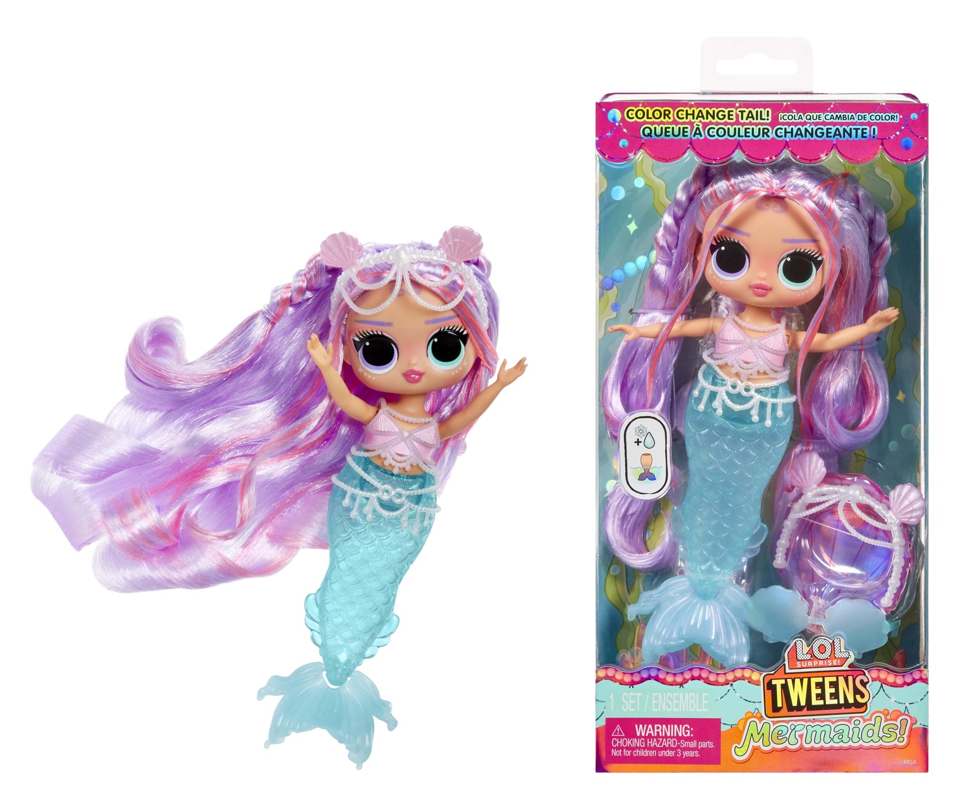 L.O.L. Surprise! Tweens Mermaid Lana doll with color-changing tail and movable fin, styled with beautiful accessories.