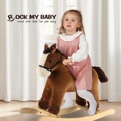 Rock My Baby Rocking Horse, Grey Wooden Horse with Sound Effects,Ride-on Toy,Balance Toy (Dark brown)