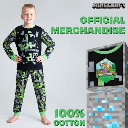 Minecraft Boys Pyjamas Set - Cotton Lounge Wear Long Top and Bottoms Teenagers Kids PJs 7-14 Years Gamer Gifts for Boys (Black/Green, 7-8 Years)