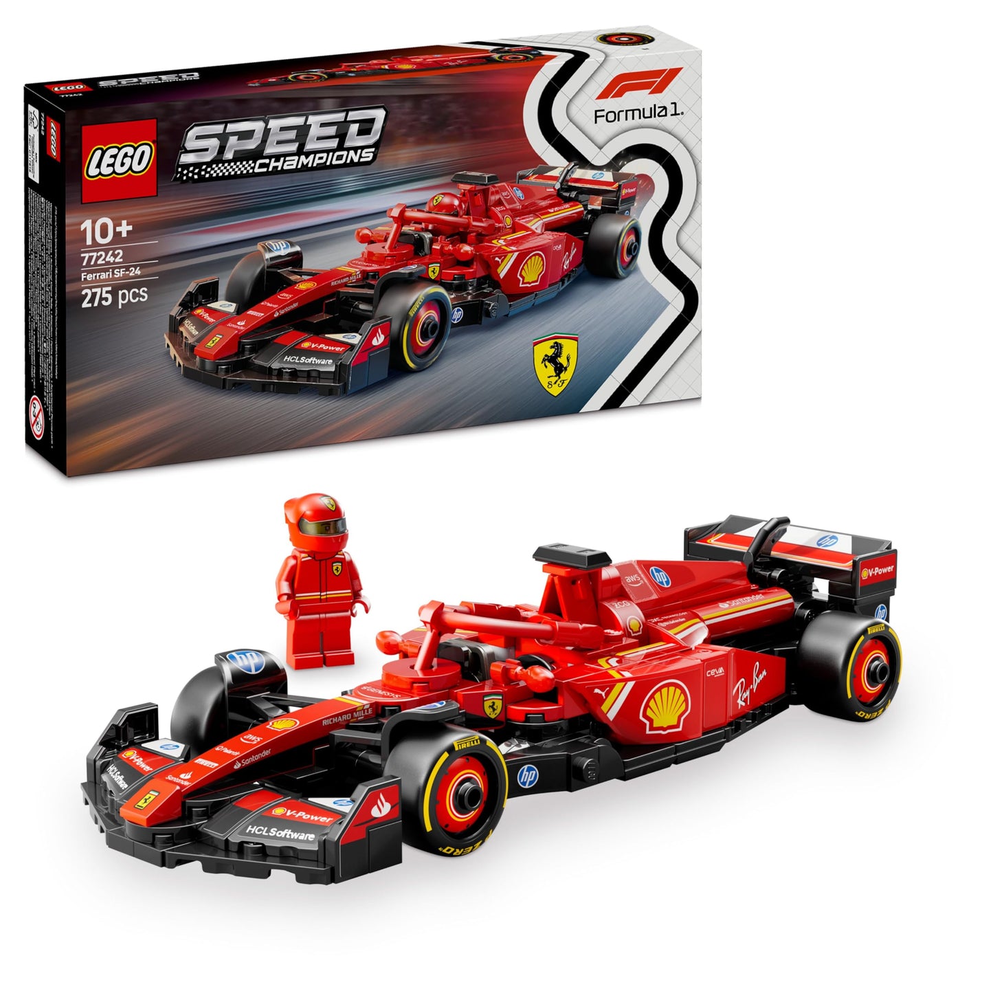 LEGO Speed Champions Ferrari SF-24 F1 race car model kit with a Formula 1 driver minifigure on a white background.