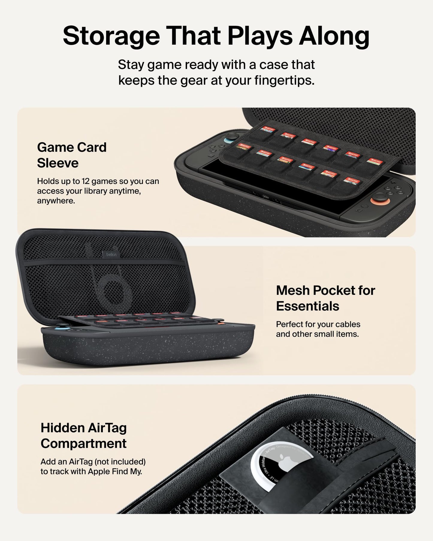 Belkin Gaming Nintendo Switch 2 charger case with 10,000mAh power bank, LCD display, fast charging, holder for AirTag and games, charcoal color.