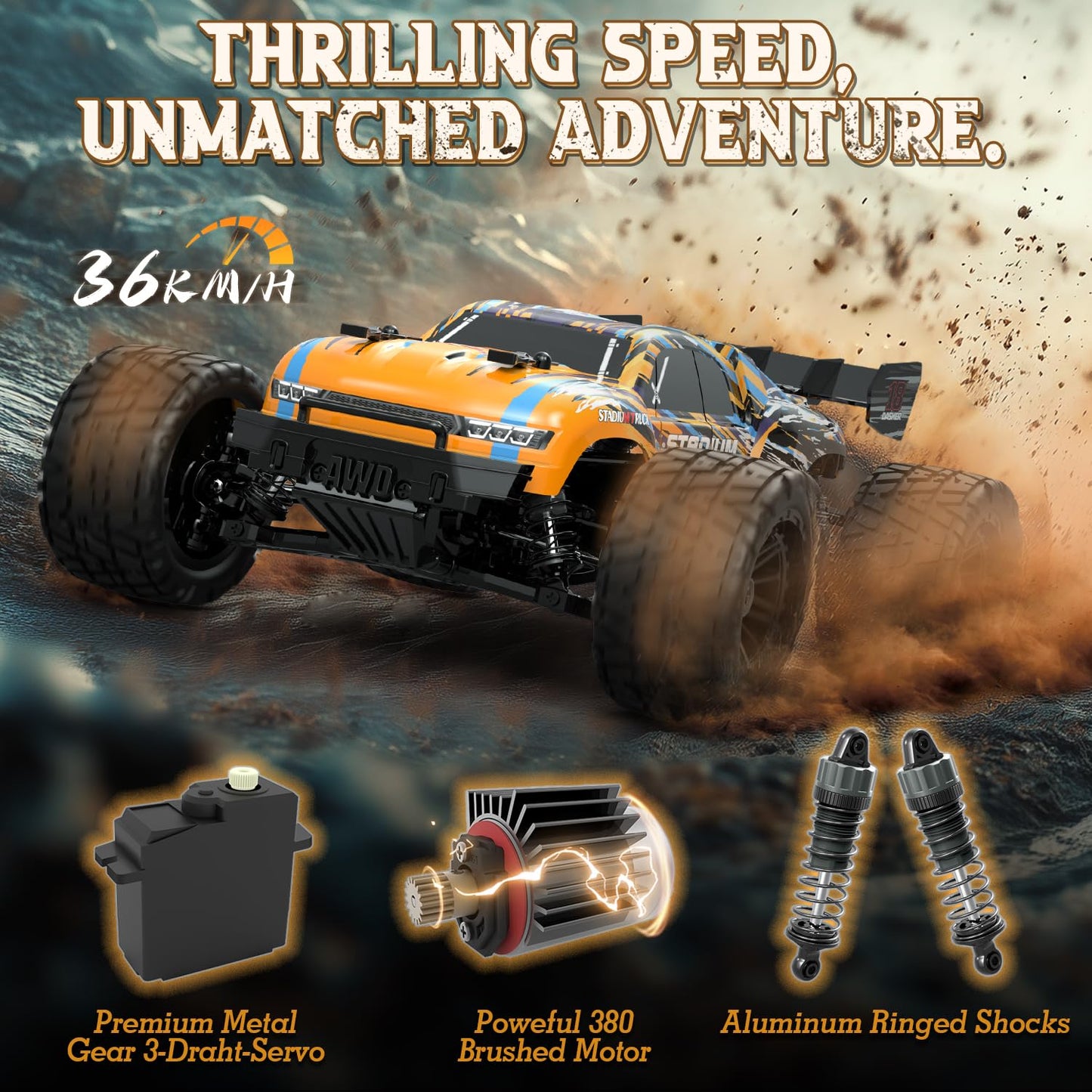 HAIBOXING RC Cars 18858E,36 KM/H High Speed Remote Control Cars for Adults Kids,1:18 2.4GHz 4WD Off-Road RC Monster Truck，ALL Terrain Toys Vehicle with 2 Batteries, Xmas Gifts for Kid and Adults