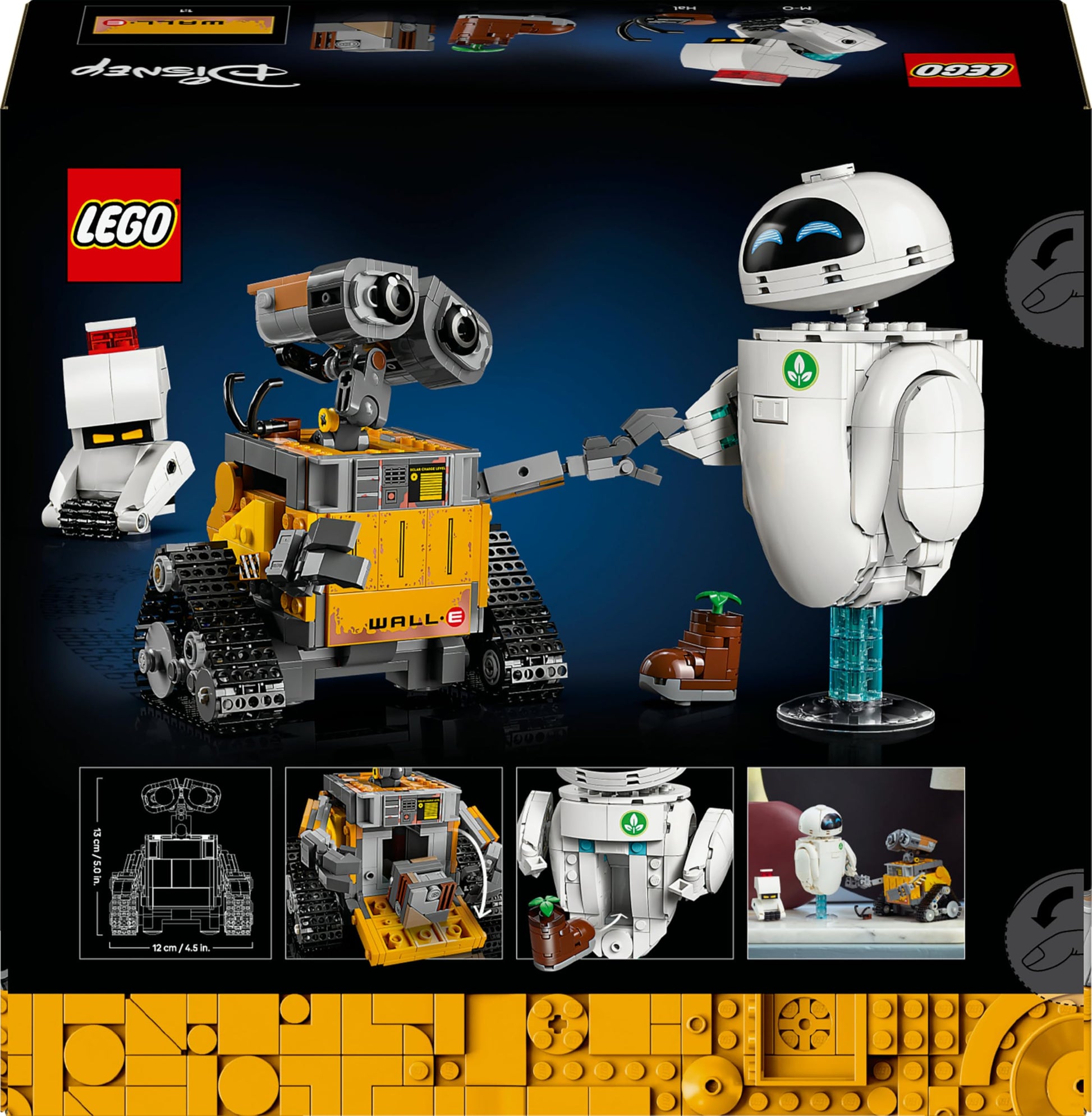 LEGO Disney Pixar WALL-E and EVE display model kit featuring brick-built robots and M-O & Hal figures for adult collectors.