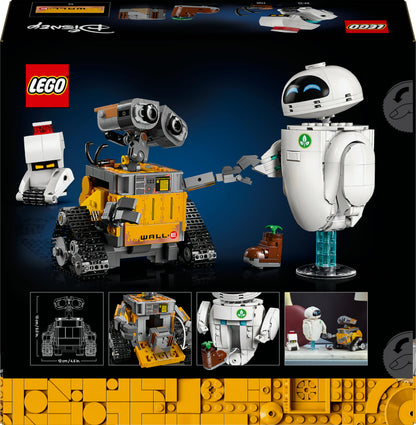 LEGO Disney Pixar WALL-E and EVE display model kit featuring brick-built robots and M-O & Hal figures for adult collectors.