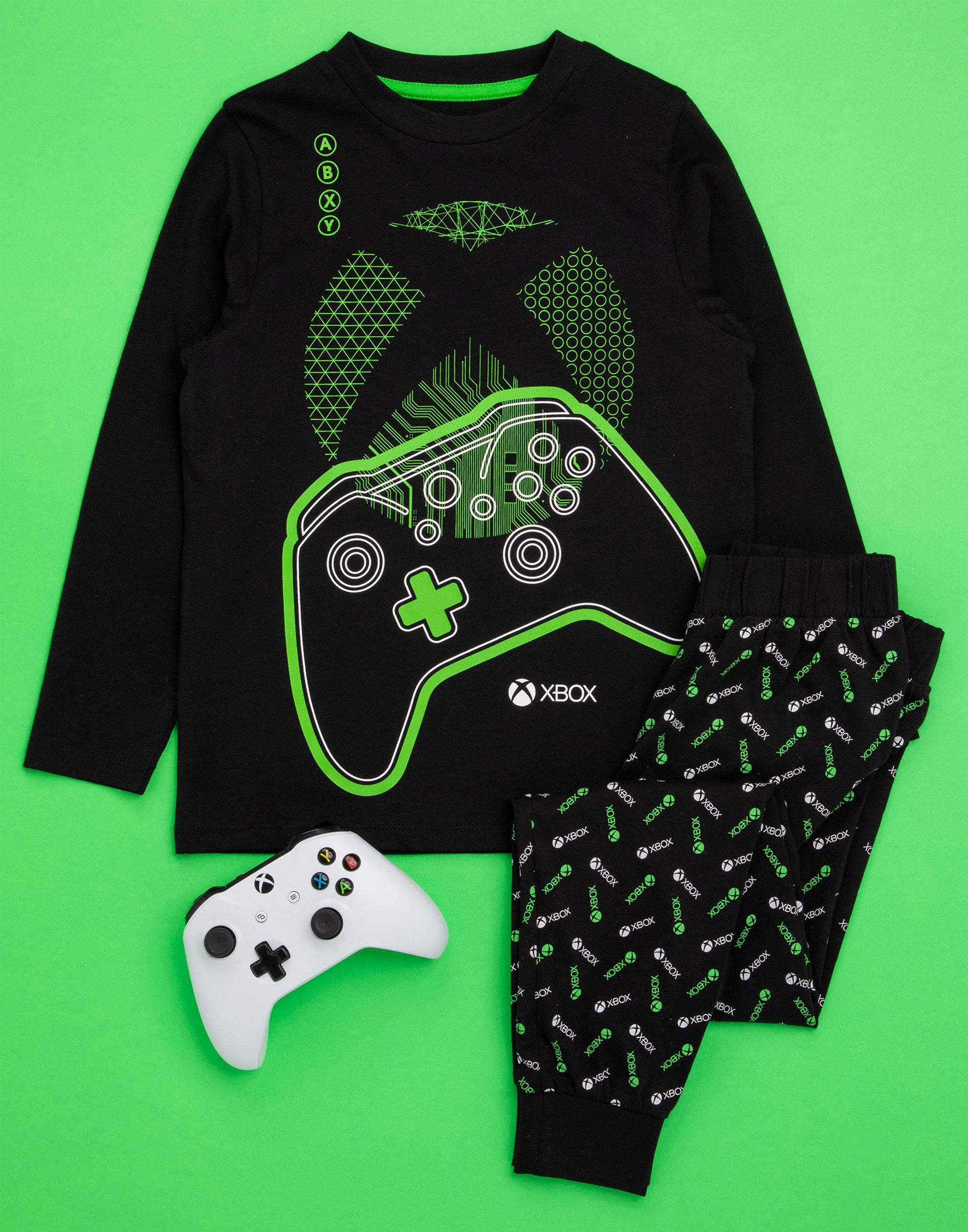 Xbox boys' pajamas set with black and green gamer T-shirt and matching leggings, featuring controller graphics for kids aged 9-10.