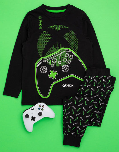 Xbox boys' pajamas set with black and green gamer T-shirt and matching leggings, featuring controller graphics for kids aged 9-10.