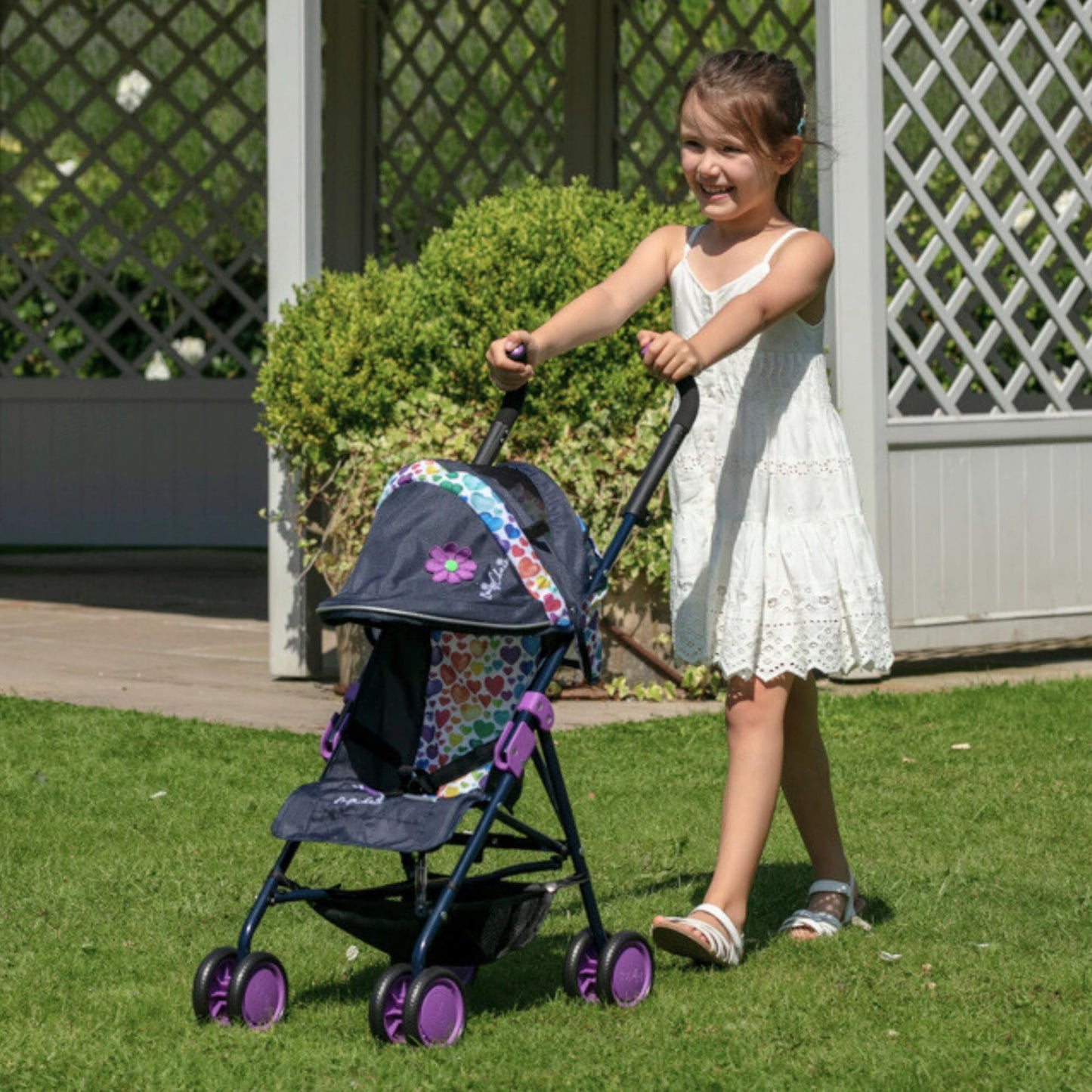 Daisy Chain Zipp Max Dolls Pushchair – Adjustable handles from 76-82cm. For children of 4, 5, 6, 7, 8 or 9 years. (Rainbow Hearts)