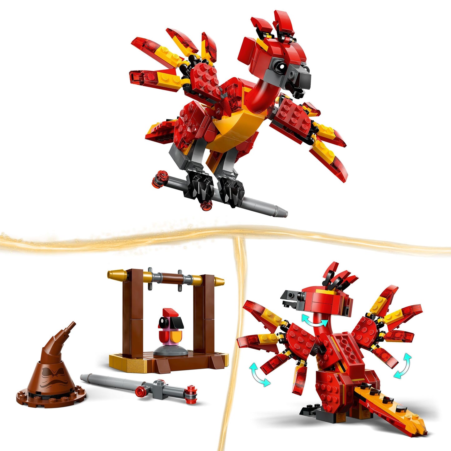 LEGO Harry Potter Fawkes figure with Sorting Hat and Sword of Gryffindor, designed for play and display.