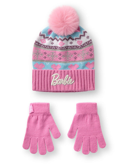 Barbie pink Fair Isle beanie and gloves set for girls, featuring a cozy knit design for cold weather.