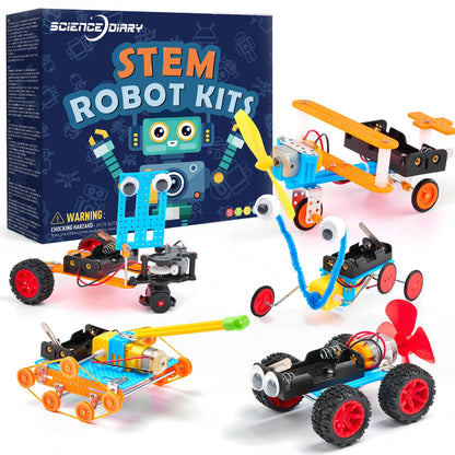 SCIENCE DIARY STEM robot building kit for kids with motor and tools, featuring engineering experiments and craft activities.