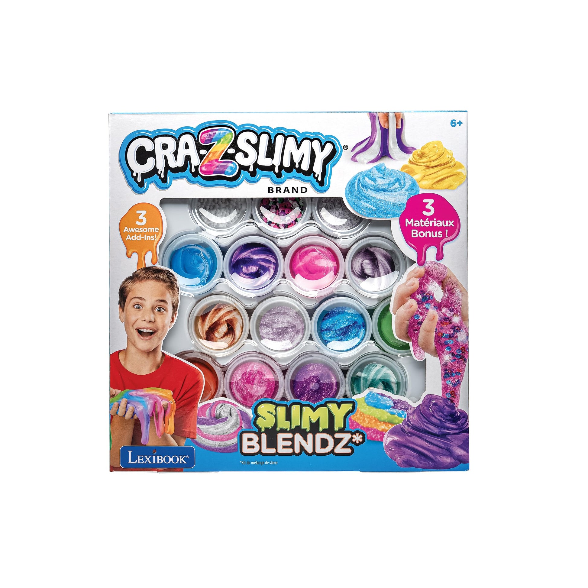 LEXIBOOK Slimy Mix Kit with 12 vibrant colors, includes colorful slime and mixing tools for creative fun.