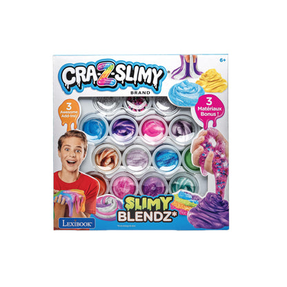 LEXIBOOK Slimy Mix Kit with 12 vibrant colors, includes colorful slime and mixing tools for creative fun.