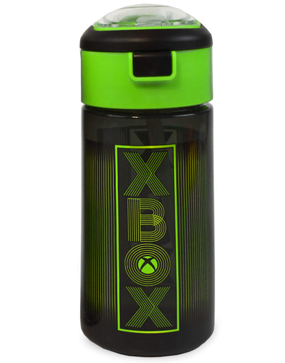 Xbox water bottle and travel mug gift set with 18oz sports drink bottle and 14oz stainless steel flask in black and green