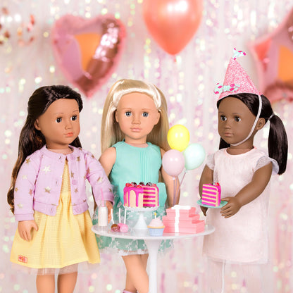 Our Generation doll wearing puppy-graphic outfit with shoes and accessories, 21.5 cm doll clothes for imaginative play.
