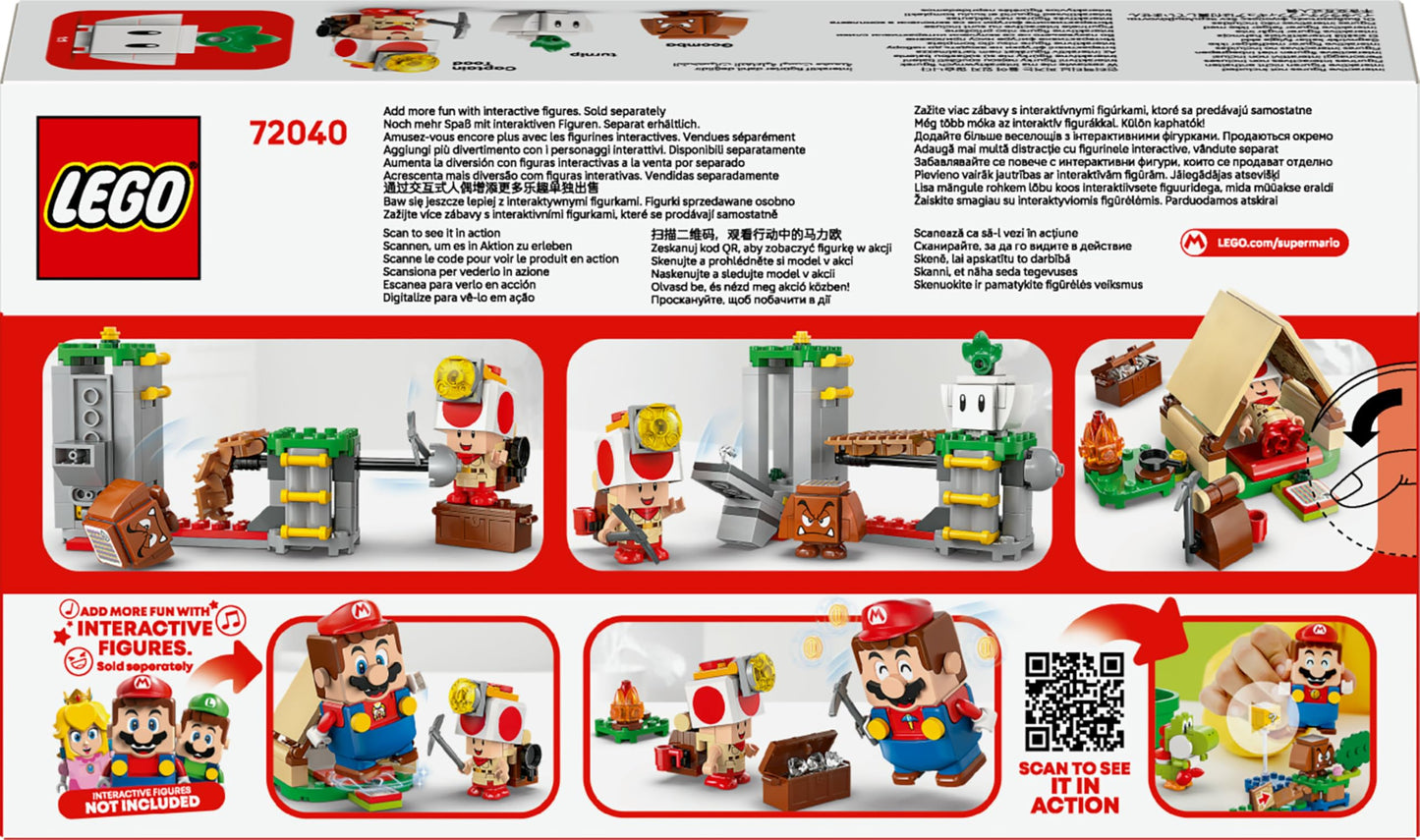 LEGO Super Mario Captain Toad's Camp set featuring Captain Toad, Goomba figures, tent, and collapsing bridge for kids 6 and up.