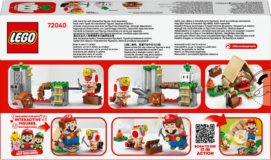 LEGO Super Mario Captain Toad's Camp set featuring Captain Toad, Goomba figures, tent, and collapsing bridge for kids 6 and up.