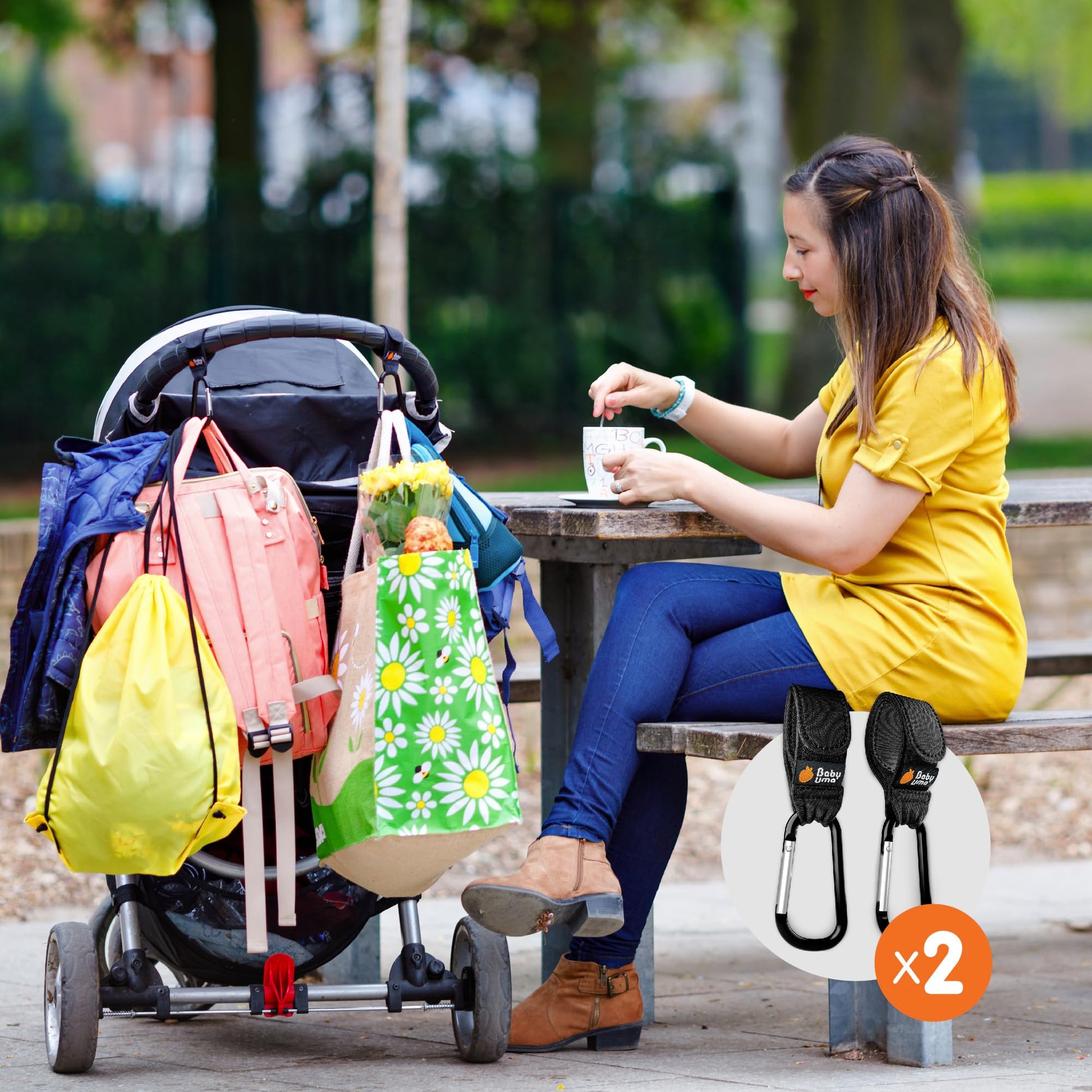 Baby Uma Baby Buggy Clips with non-slip design and 5 kg capacity, universal pram accessories for secure baby travel.
