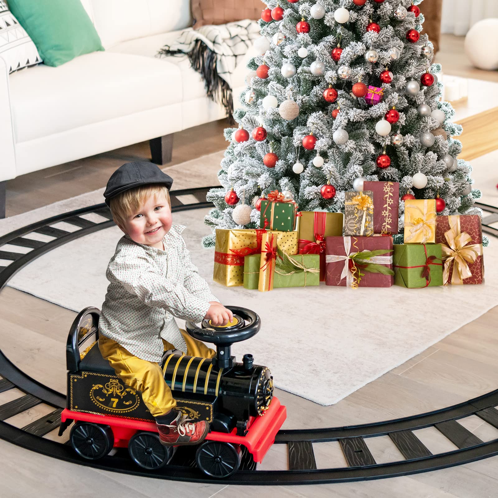 COSTWAY kids electric ride-on train in black with flashing lights, music, tracks, and storage seat for toddlers and children.