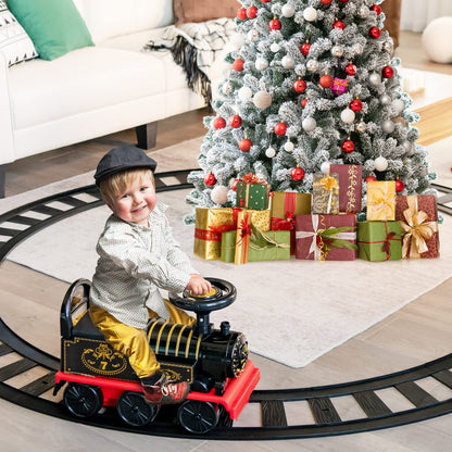 COSTWAY kids electric ride-on train in black with flashing lights, music, tracks, and storage seat for toddlers and children.
