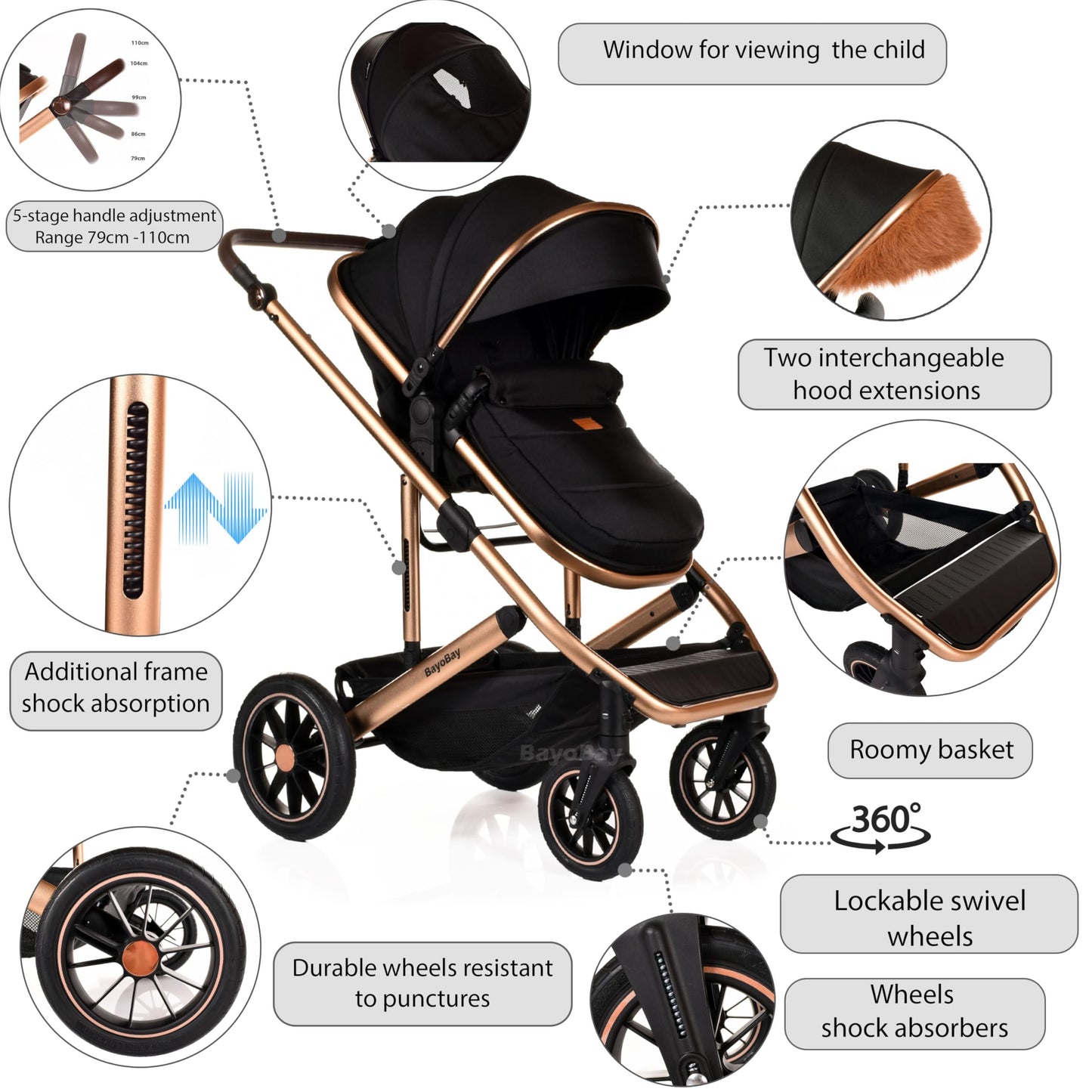 3 in 1 Travel System Baby Pram Buggy with Car Seat Pushchair Carriage Child Lightweight Folding Stroller for Newborns Toddlers from Birth up to 22kg New 2025 Style (BB1 - Black Gold, BB1)