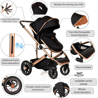 3 in 1 Travel System Baby Pram Buggy with Car Seat Pushchair Carriage Child Lightweight Folding Stroller for Newborns Toddlers from Birth up to 22kg New 2025 Style (BB1 - Black Gold, BB1)