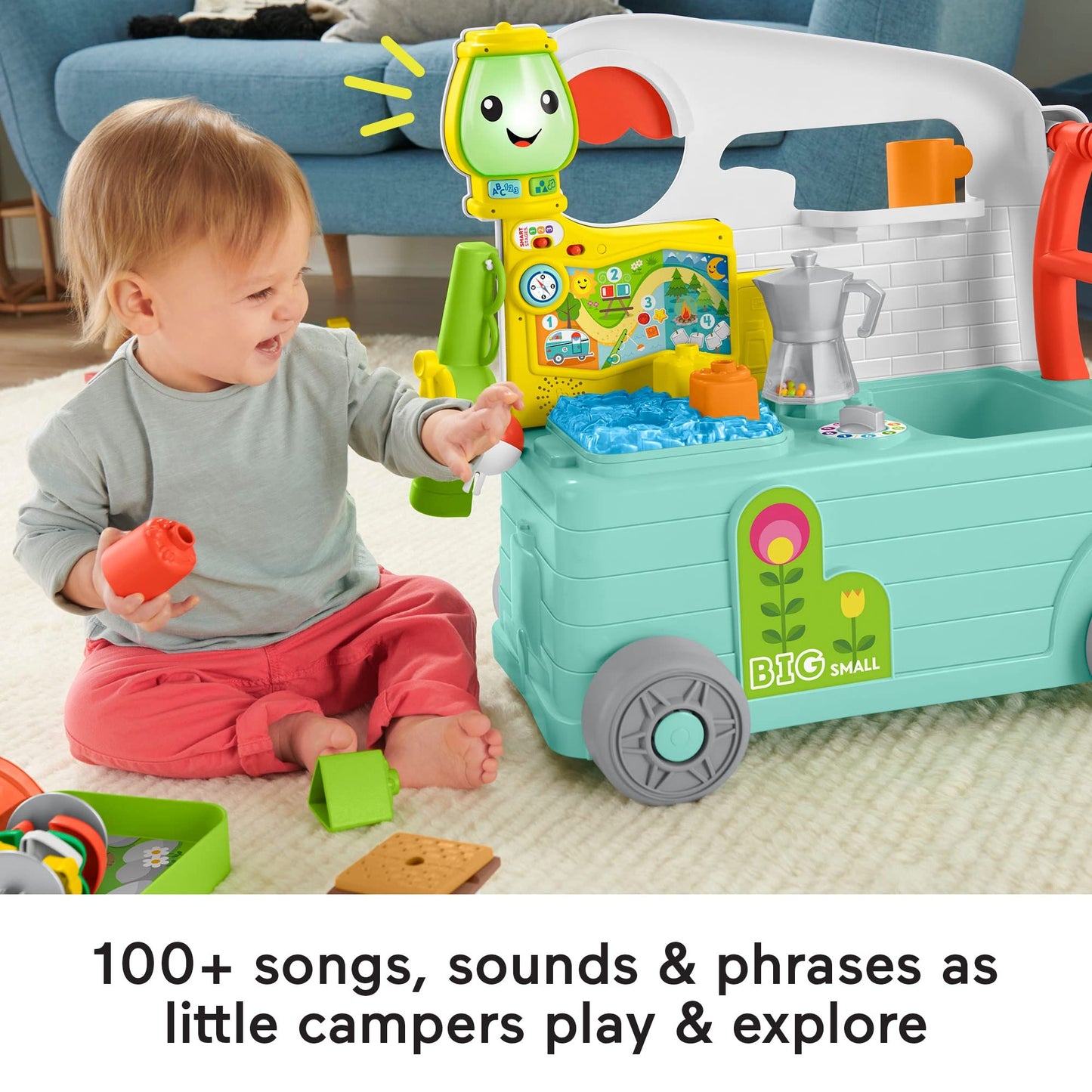 Fisher-Price Laugh & Learn 3-in-1 On-The-Go Camper toy for infants with colorful activity features and musical push-along walker.