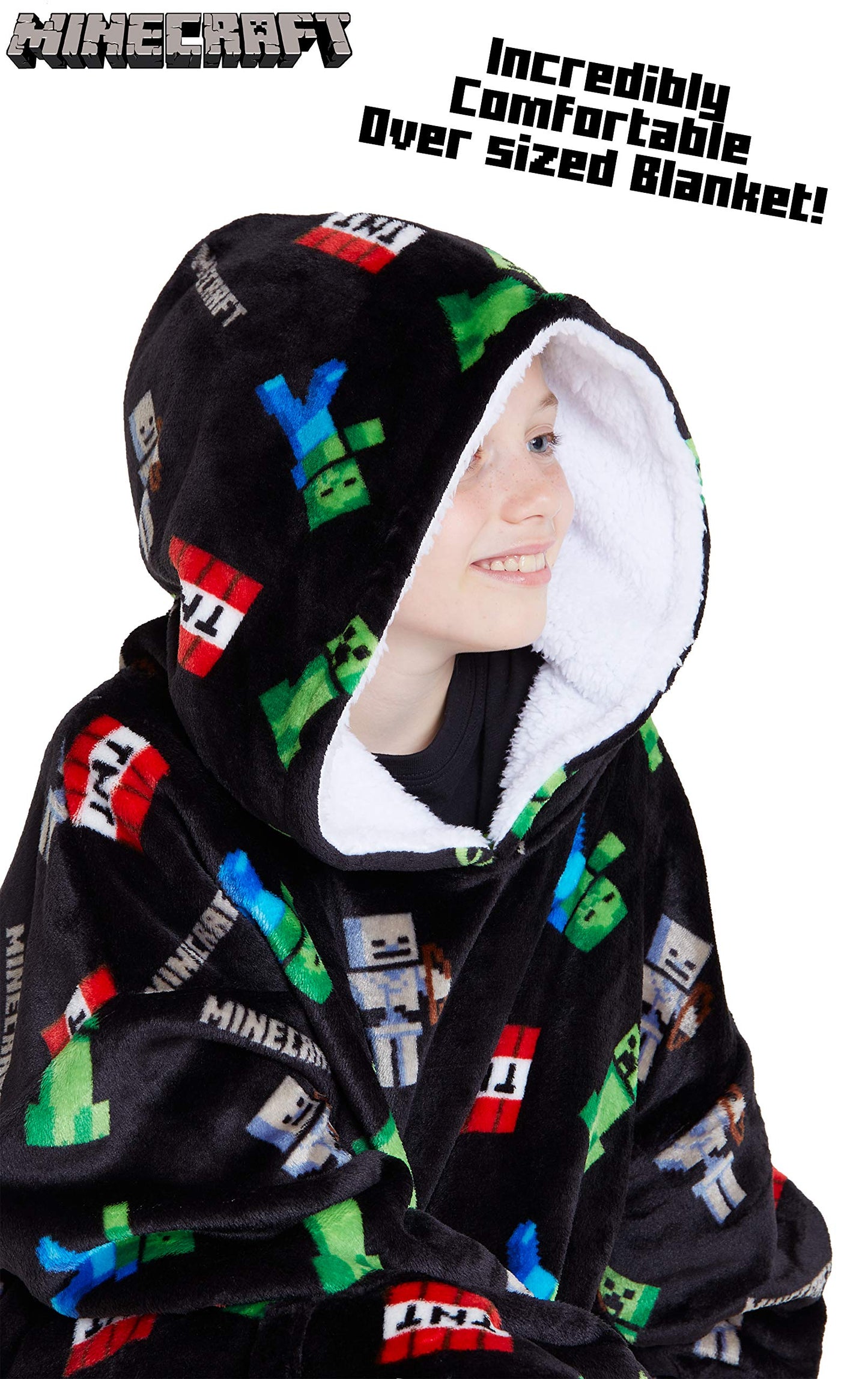Minecraft Hoodie Blanket Boys Teens, Creeper Wearable Blanket Hooded Loungewear, Oversized Fleece Poncho, Gamer Gifts for Boys (Black)