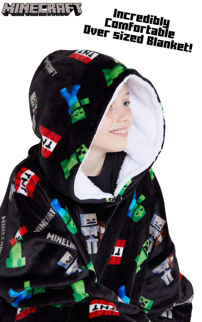 Minecraft Hoodie Blanket Boys Teens, Creeper Wearable Blanket Hooded Loungewear, Oversized Fleece Poncho, Gamer Gifts for Boys (Black)