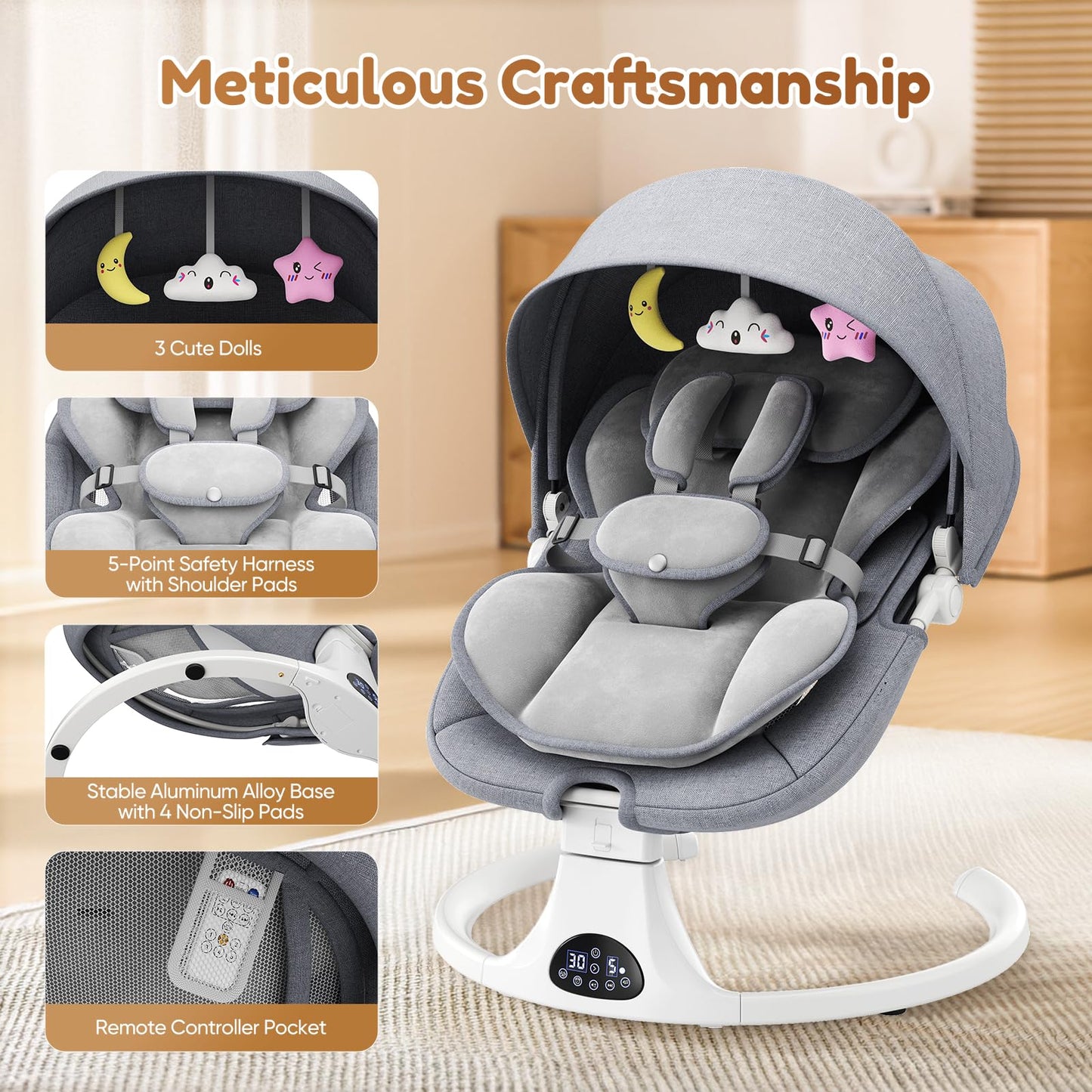 Helangel baby swing for infants and toddlers with 5-speed settings, Bluetooth music, 3-seat positions, indoor and outdoor use