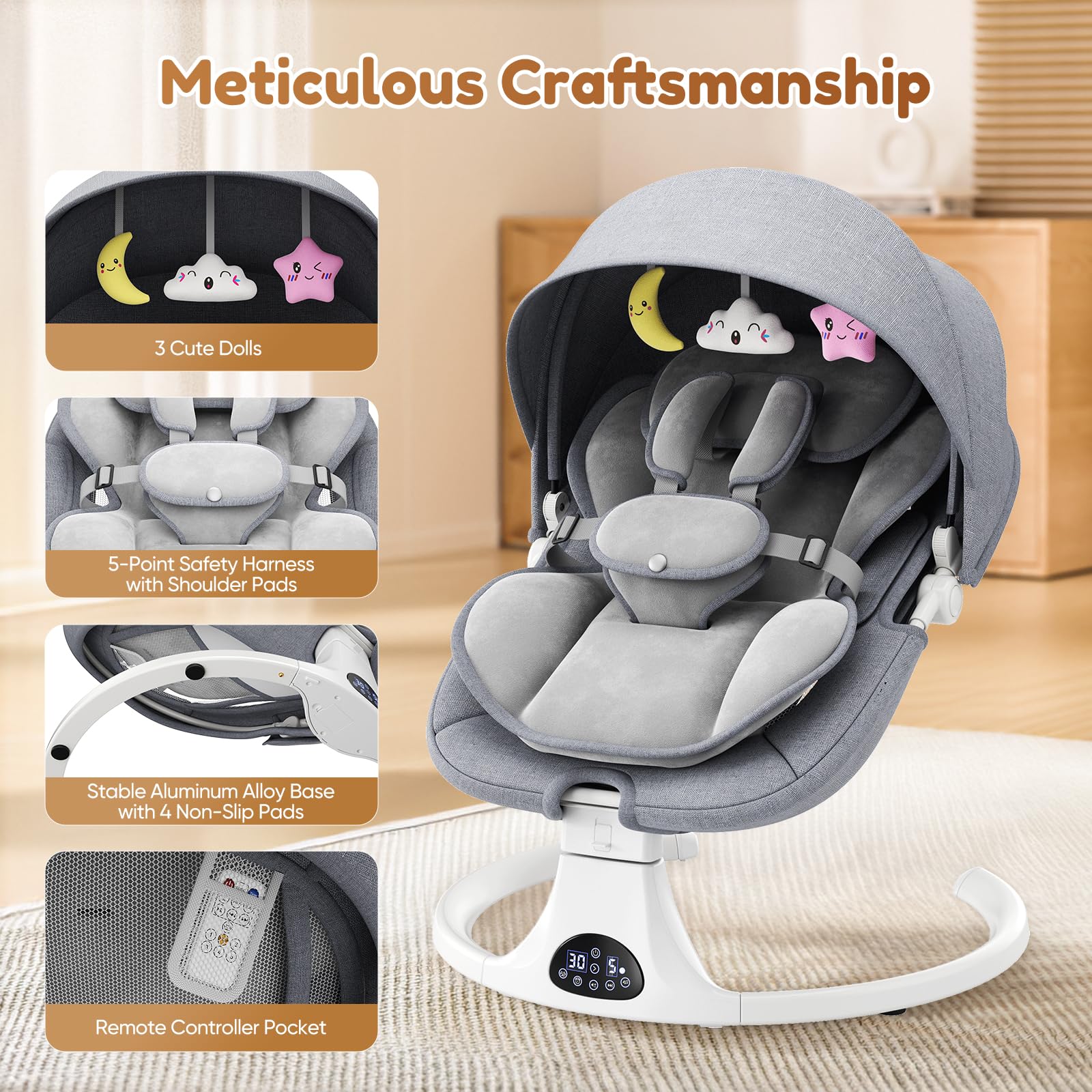 Helangel baby swing for infants and toddlers with 5-speed settings, Bluetooth music, 3-seat positions, indoor and outdoor use